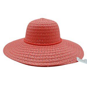 Pink Salmon Color Wide Brim Straw Sun Hat Bead Band Beach Gardening Derby Church